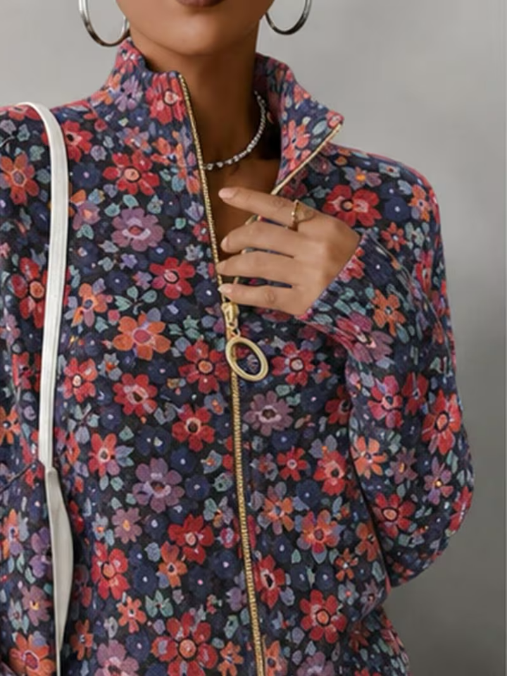 Ashley | Classic Floral Long Sleeve Zip-Up Cardigan