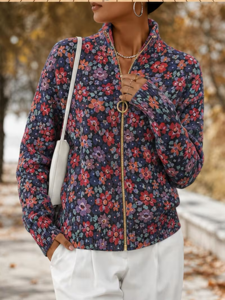 Ashley | Classic Floral Long Sleeve Zip-Up Cardigan