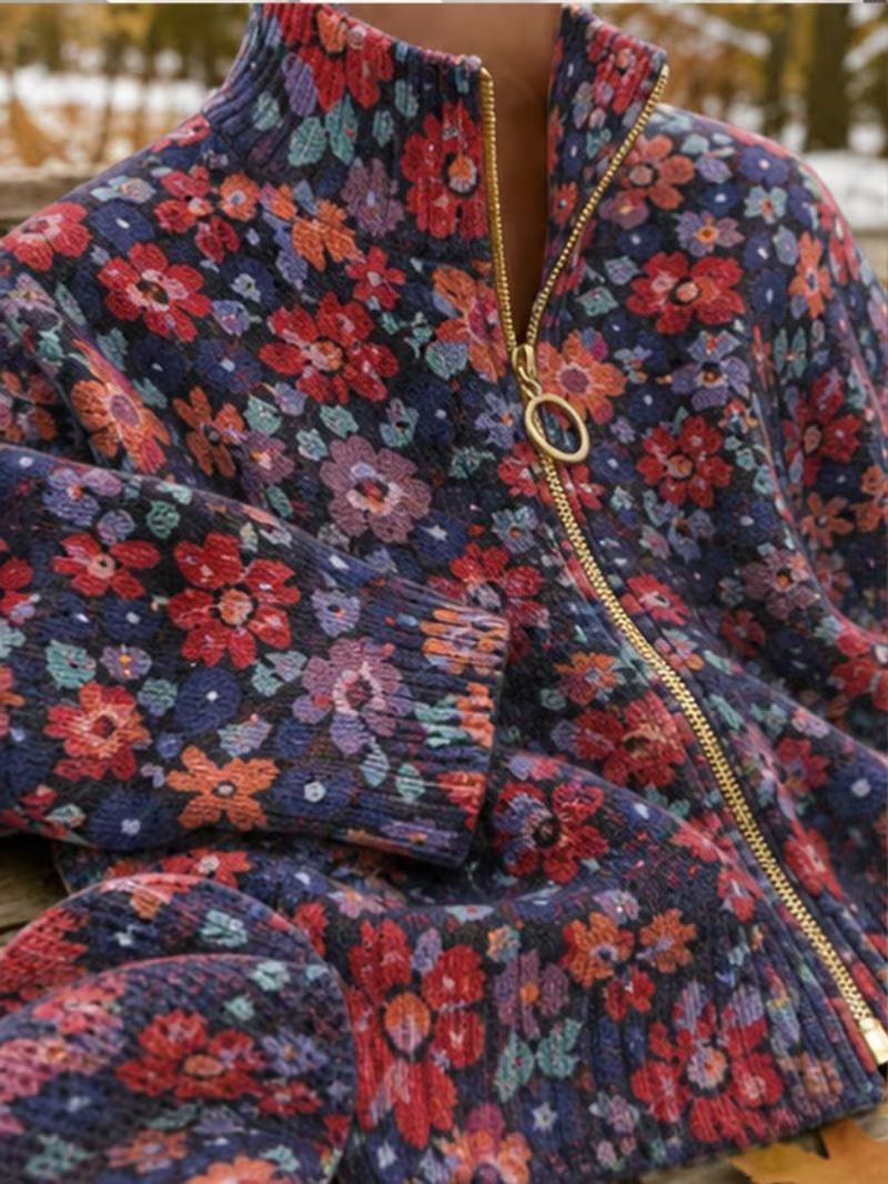 Ashley | Classic Floral Long Sleeve Zip-Up Cardigan