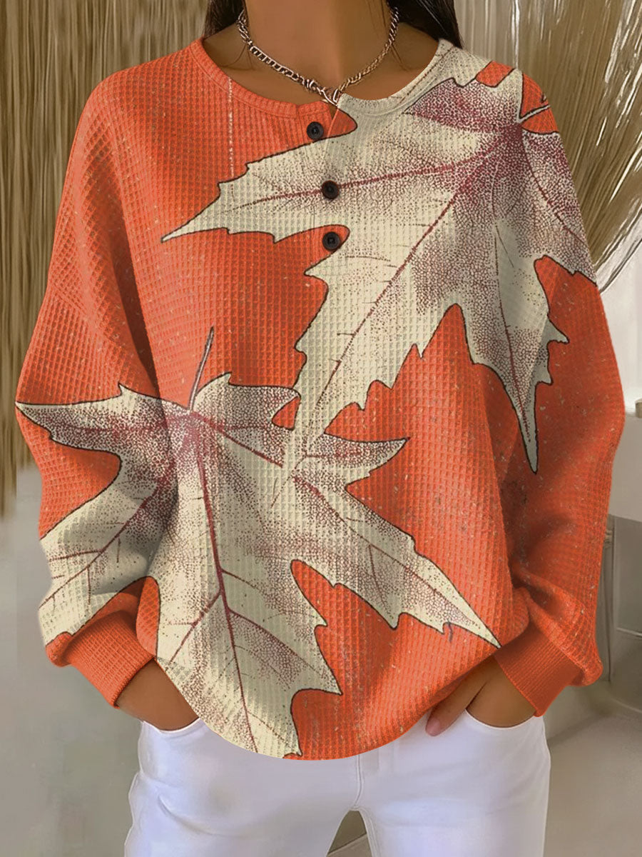 Ashley | Stylish Leaf Print Henley Knit Sweater