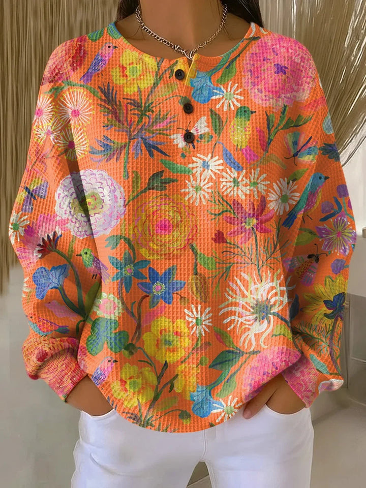 Ashley | Stylish Leaf Print Henley Knit Sweater