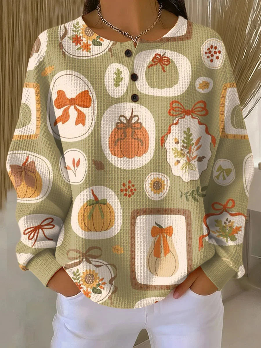 Ashley | Stylish Leaf Print Henley Knit Sweater