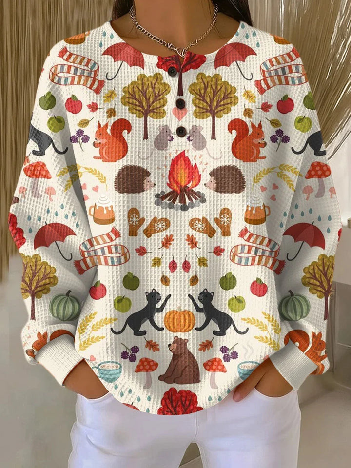 Ashley | Stylish Leaf Print Henley Knit Sweater