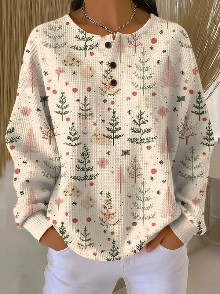 Ashley | Stylish Leaf Print Henley Knit Sweater