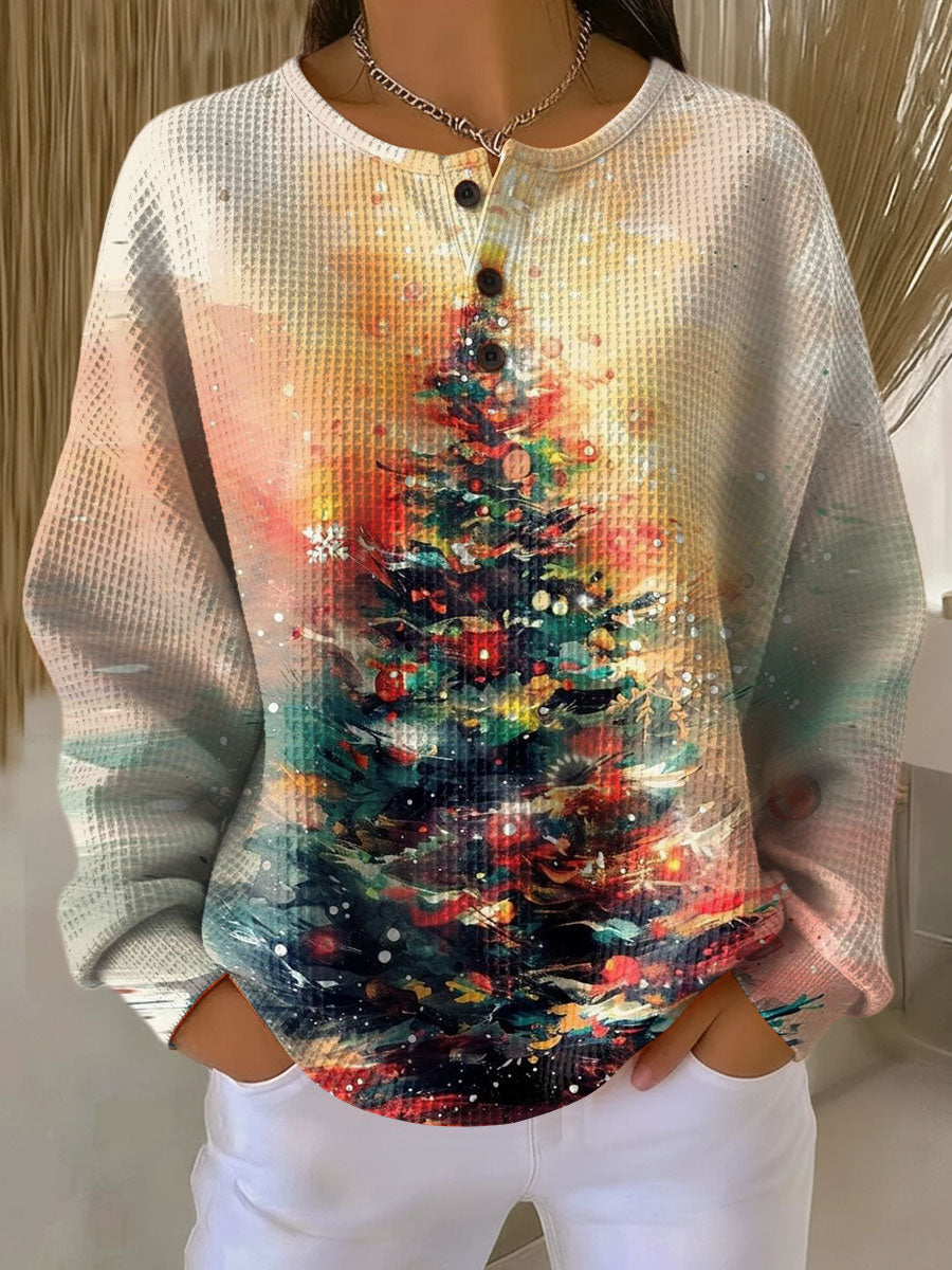 Ava | Christmas Tree Henley Waffle Knit Sweater