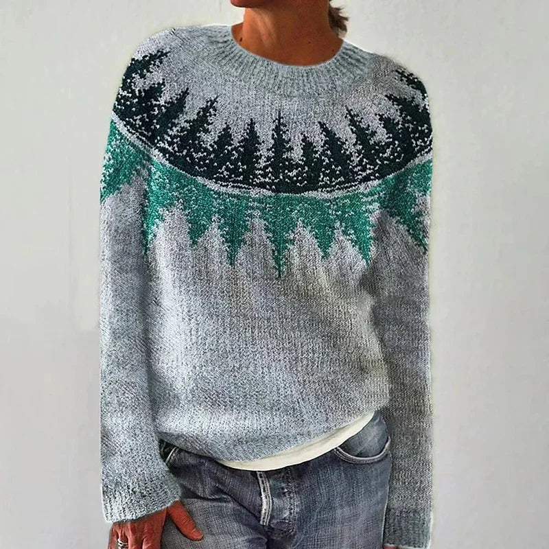 Barbara | Effortless Tree Pattern Crewneck Knit Sweater