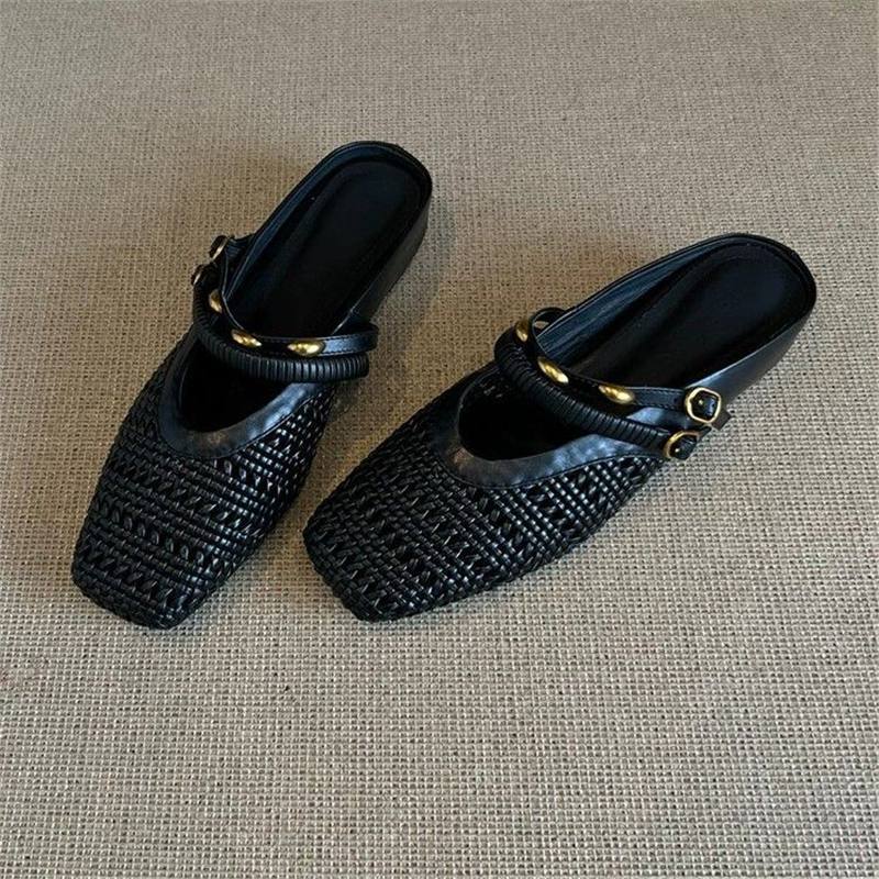 Barbara | Refined Woven Square Toe Mule Slippers with Ankle Strap