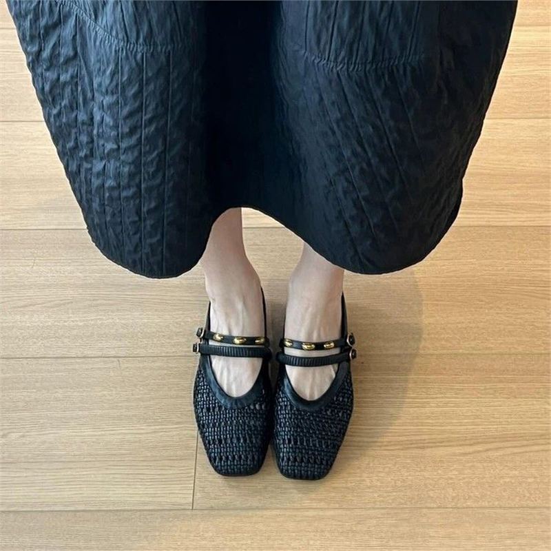 Barbara | Refined Woven Square Toe Mule Slippers with Ankle Strap