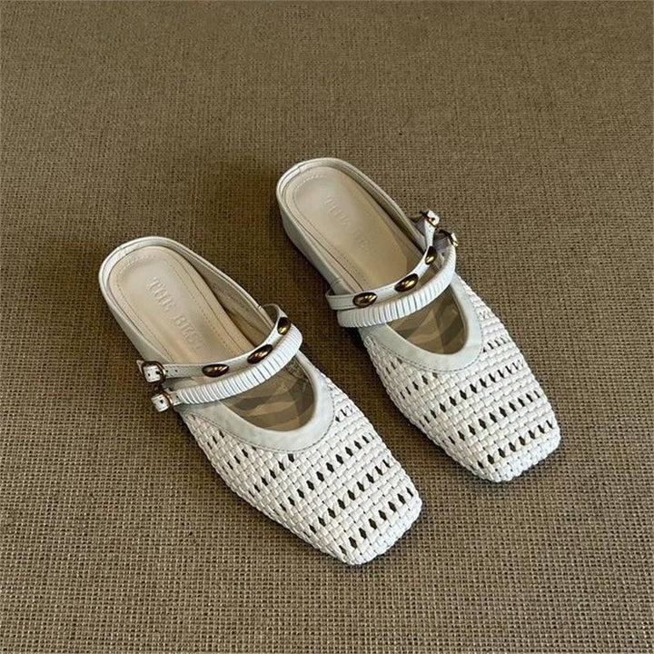 Barbara | Refined Woven Square Toe Mule Slippers with Ankle Strap