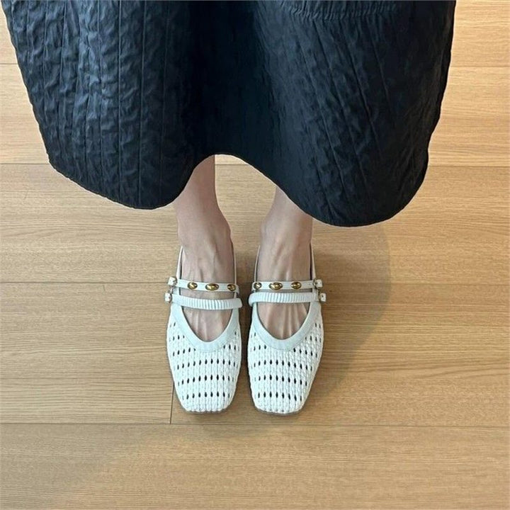 Barbara | Refined Woven Square Toe Mule Slippers with Ankle Strap