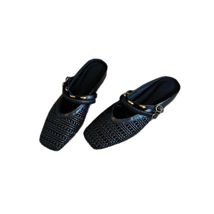 Barbara | Refined Woven Square Toe Mule Slippers with Ankle Strap