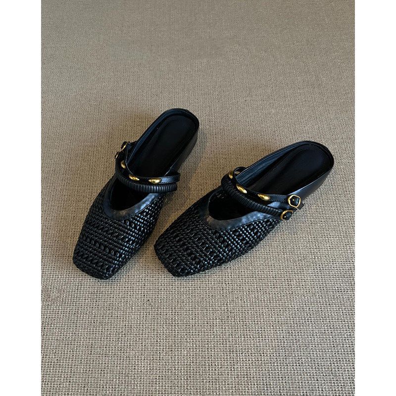 Barbara | Refined Woven Square Toe Mule Slippers with Ankle Strap