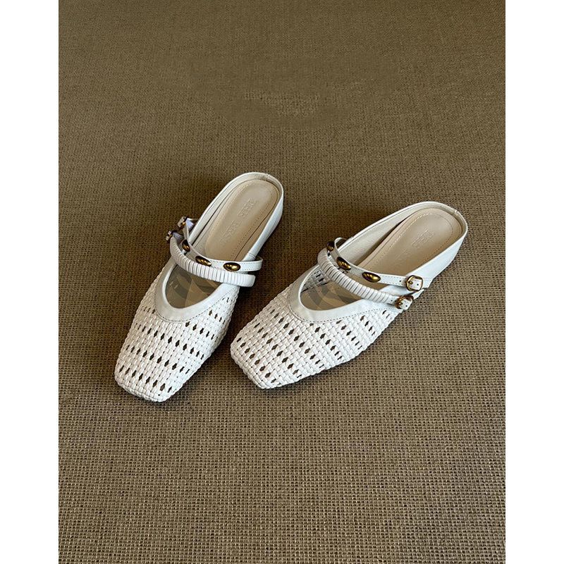 Barbara | Refined Woven Square Toe Mule Slippers with Ankle Strap