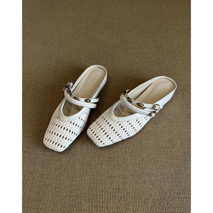 Barbara | Refined Woven Square Toe Mule Slippers with Ankle Strap