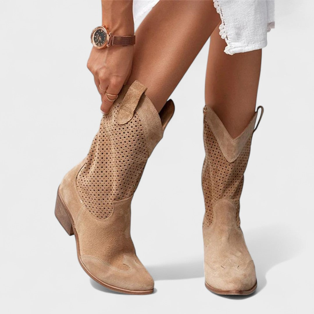 Betty | Classic Perforated Mid-Calf Block Heel Cowboy Boots