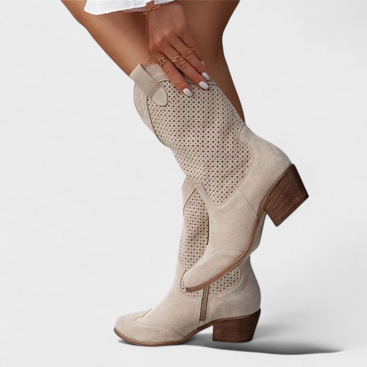 Betty | Classic Perforated Mid-Calf Block Heel Cowboy Boots