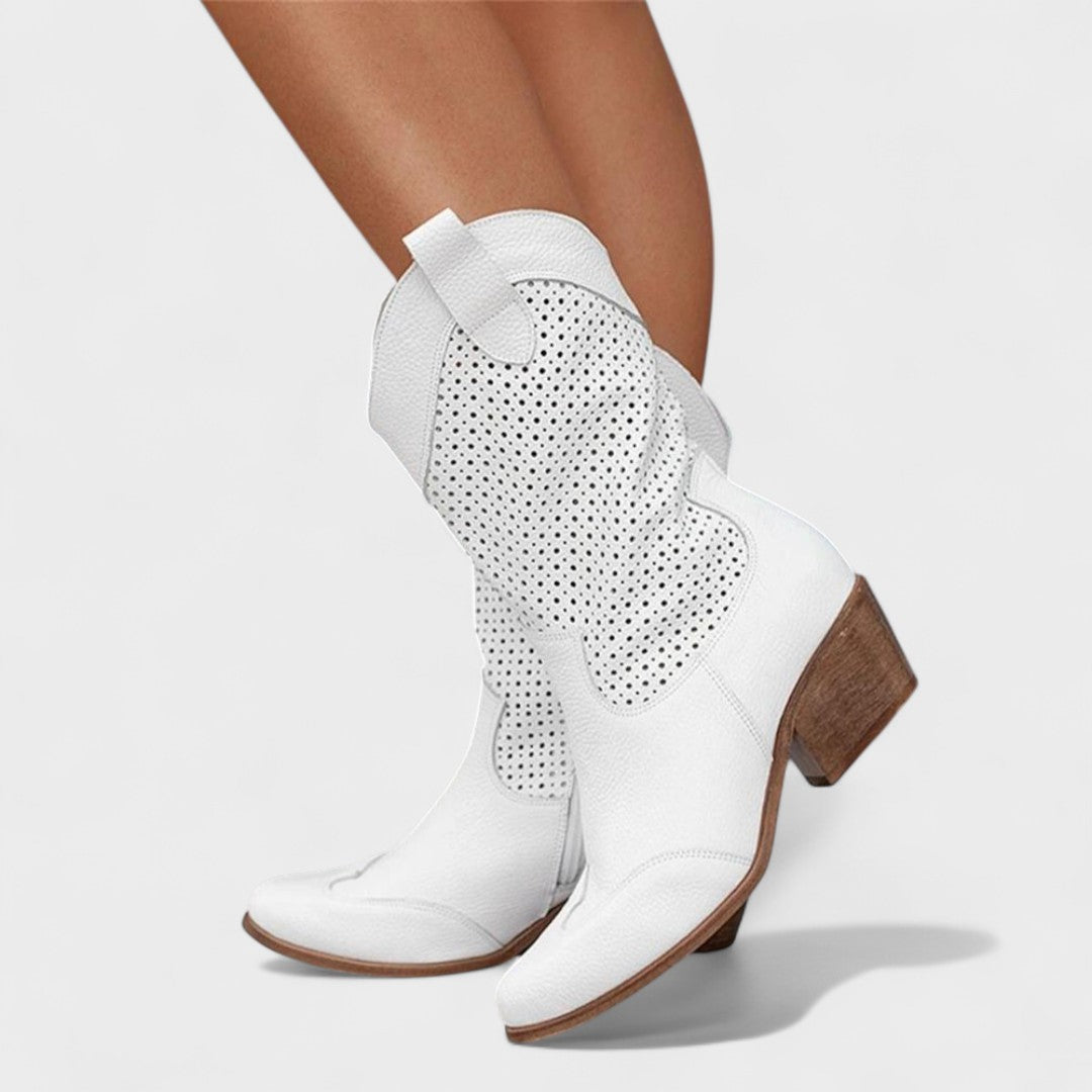 Betty | Classic Perforated Mid-Calf Block Heel Cowboy Boots