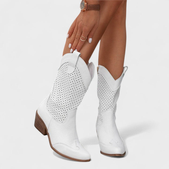 Betty | Classic Perforated Mid-Calf Block Heel Cowboy Boots
