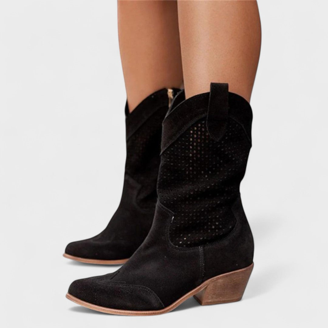 Betty | Classic Perforated Mid-Calf Block Heel Cowboy Boots
