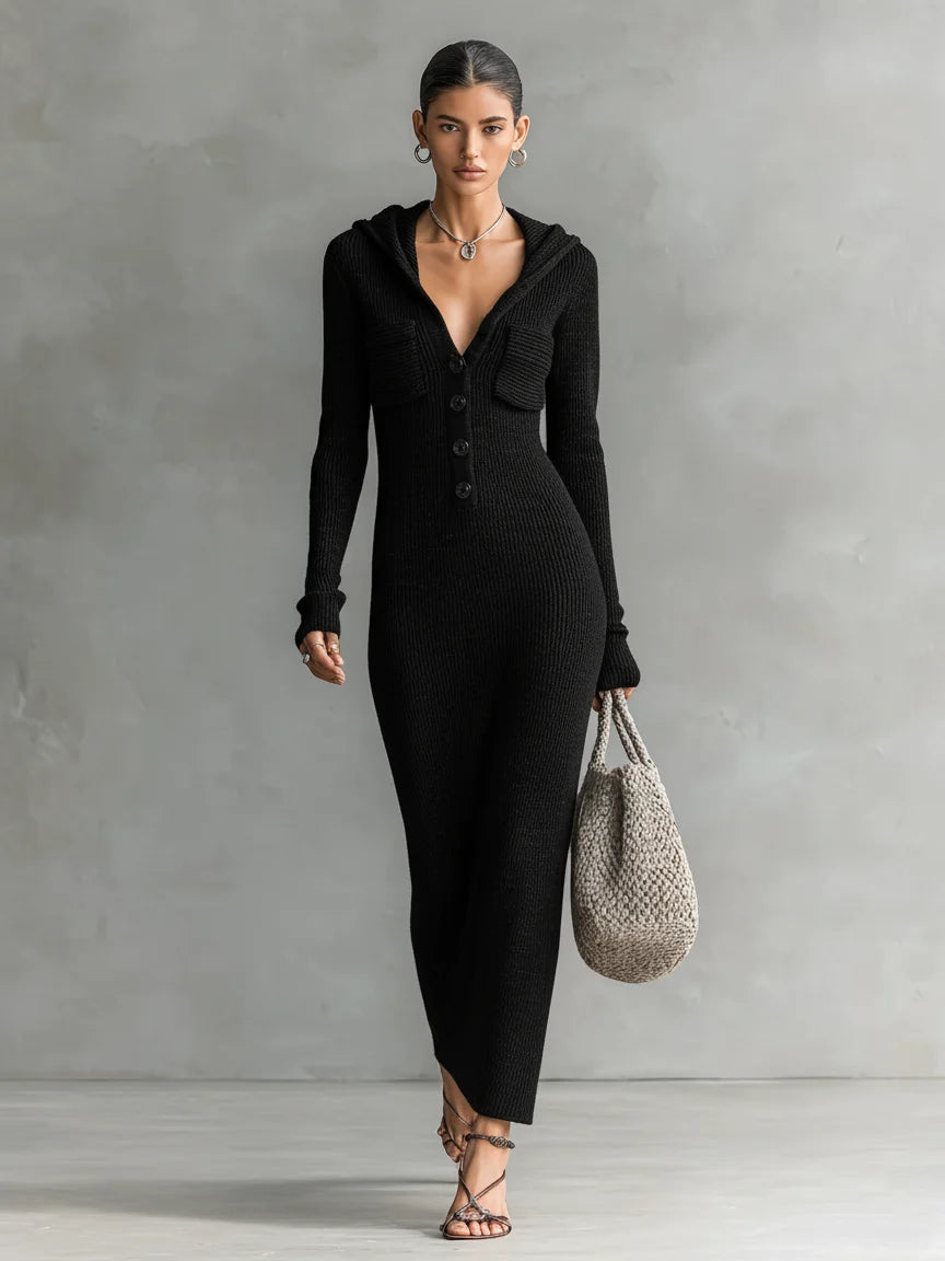Betty | Refined Hooded Ribbed Knit Sweater Dress