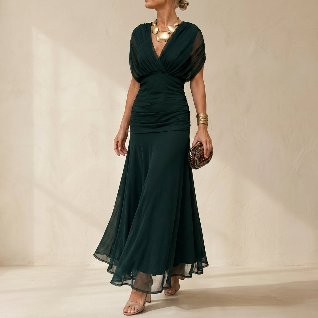 Betty | Stylish Ruched V-Neck Christmas Dress Maxi Gown