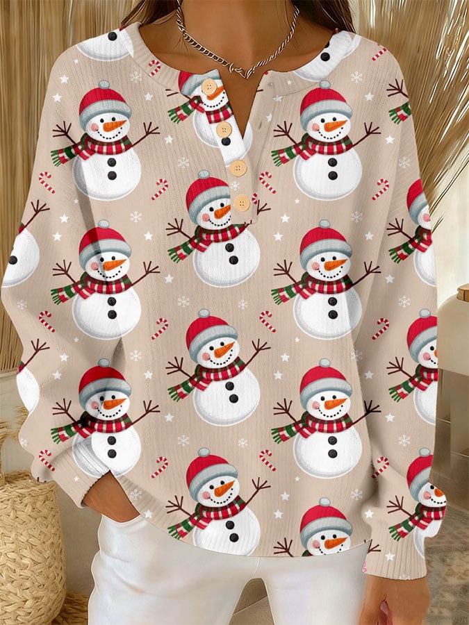 Beverly | Snowman Print Christmas Henley Knit Sweater
