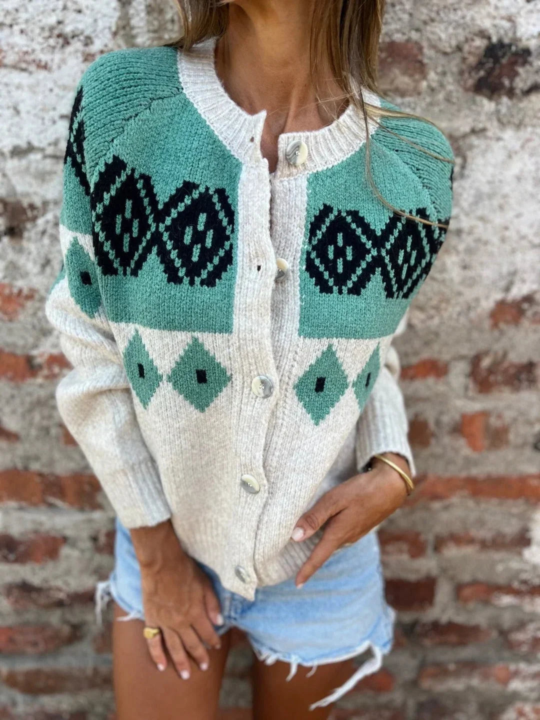 Brenda | Cozy Vintage Geometric Button-Front Knit Cardigan