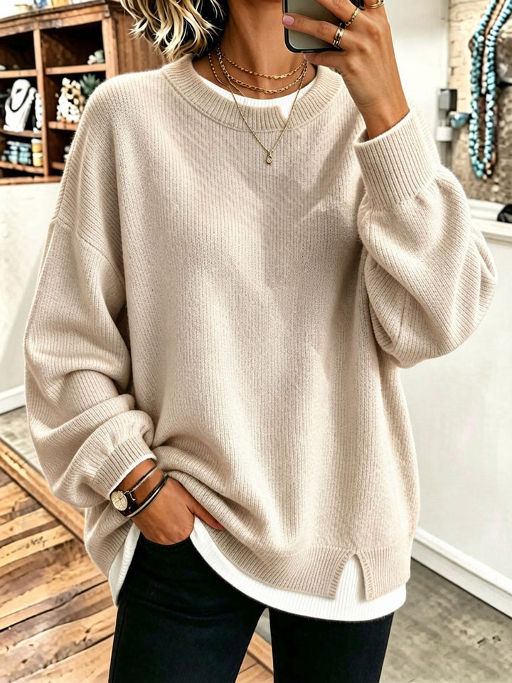 Brittany | Chic Oversized Crew Neck Layered Knit Sweater