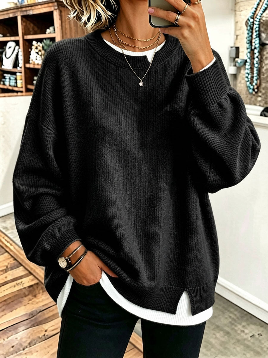 Brittany | Chic Oversized Crew Neck Layered Knit Sweater