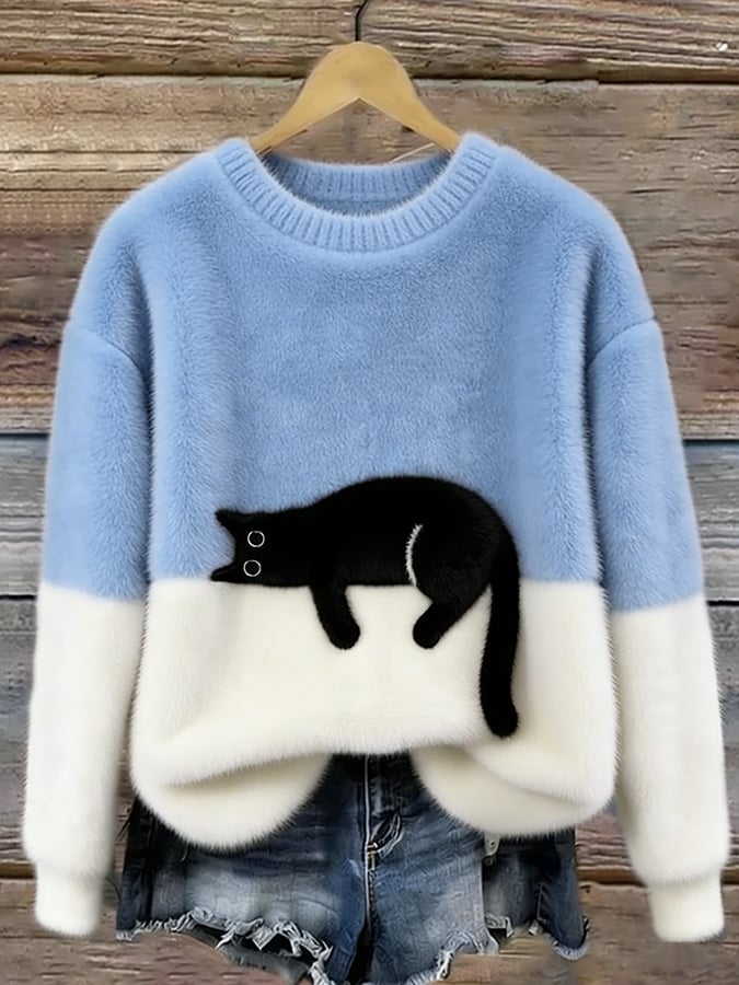 Carol | Oversized Cat Crewneck Knit Sweater