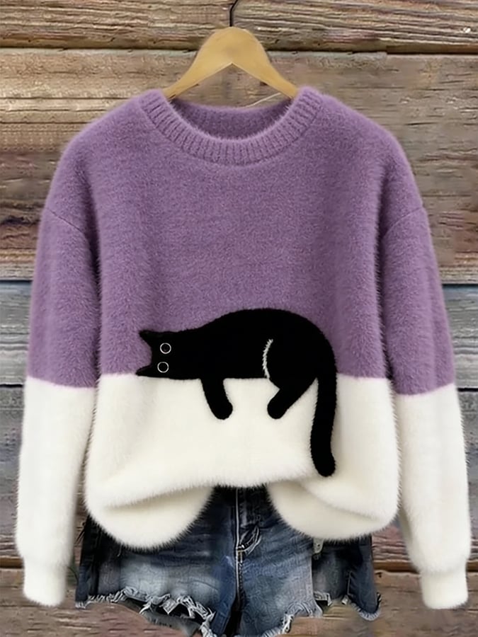 Carol | Oversized Cat Crewneck Knit Sweater