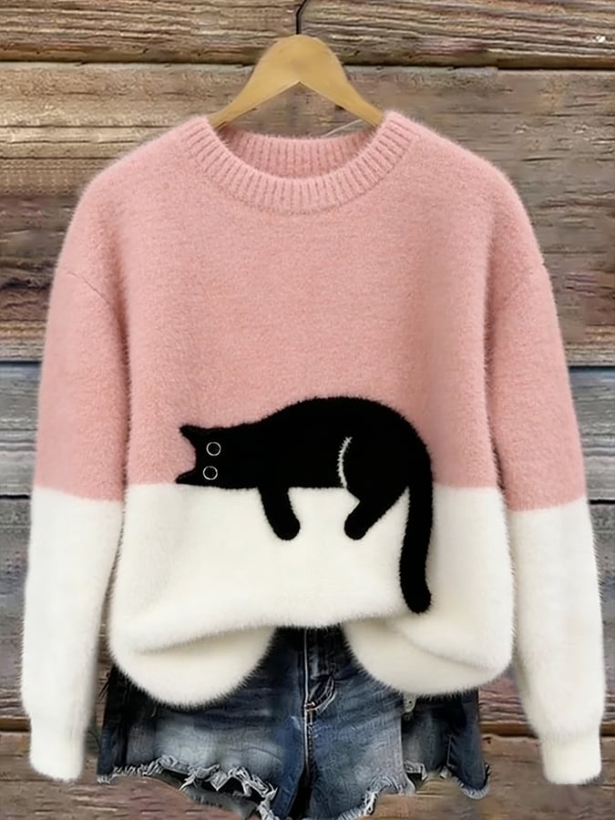 Carol | Oversized Cat Crewneck Knit Sweater