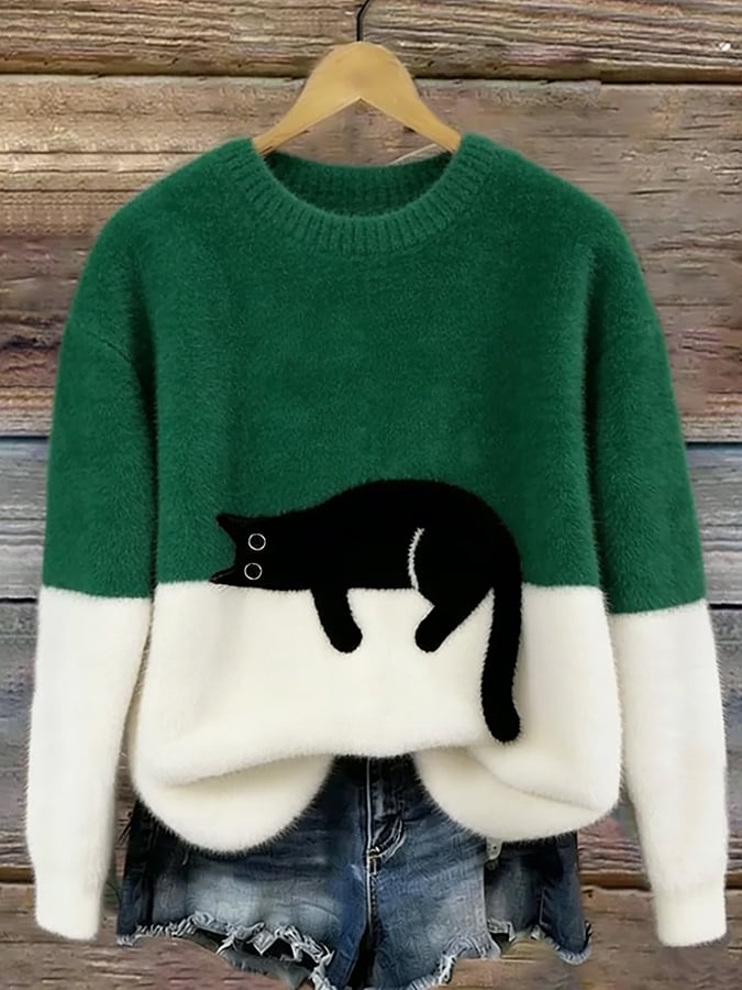 Carol | Oversized Cat Crewneck Knit Sweater