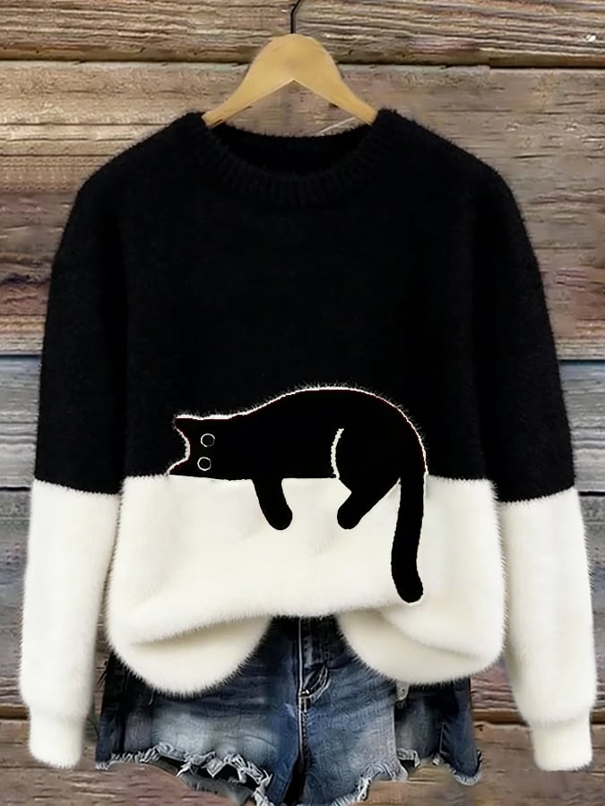 Carol | Oversized Cat Crewneck Knit Sweater