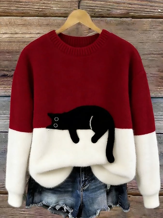 Carol | Oversized Cat Crewneck Knit Sweater
