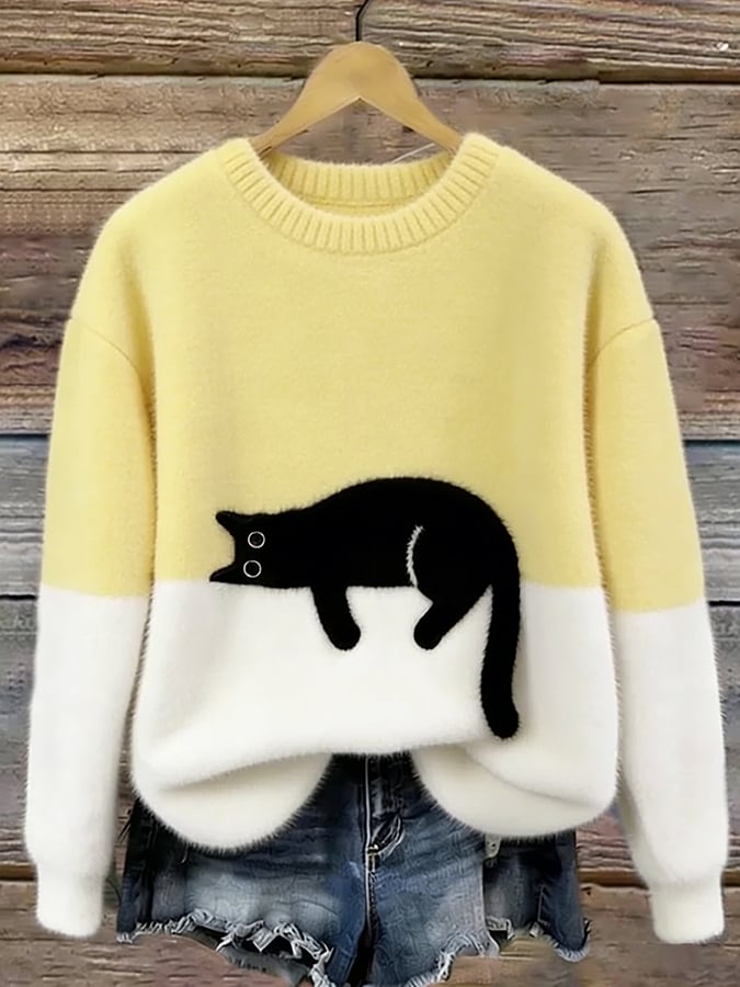 Carol | Oversized Cat Crewneck Knit Sweater