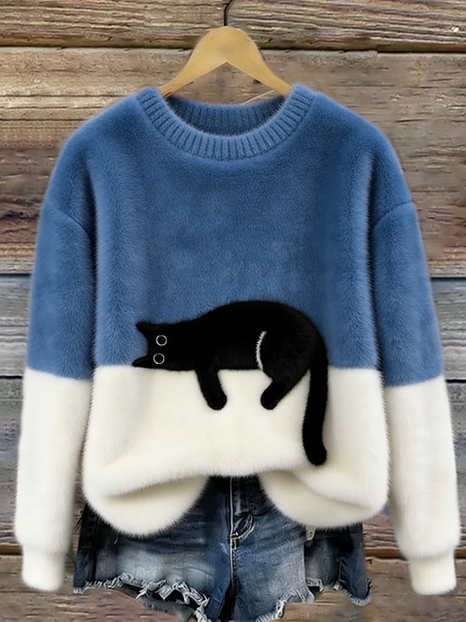 Carol | Oversized Cat Crewneck Knit Sweater