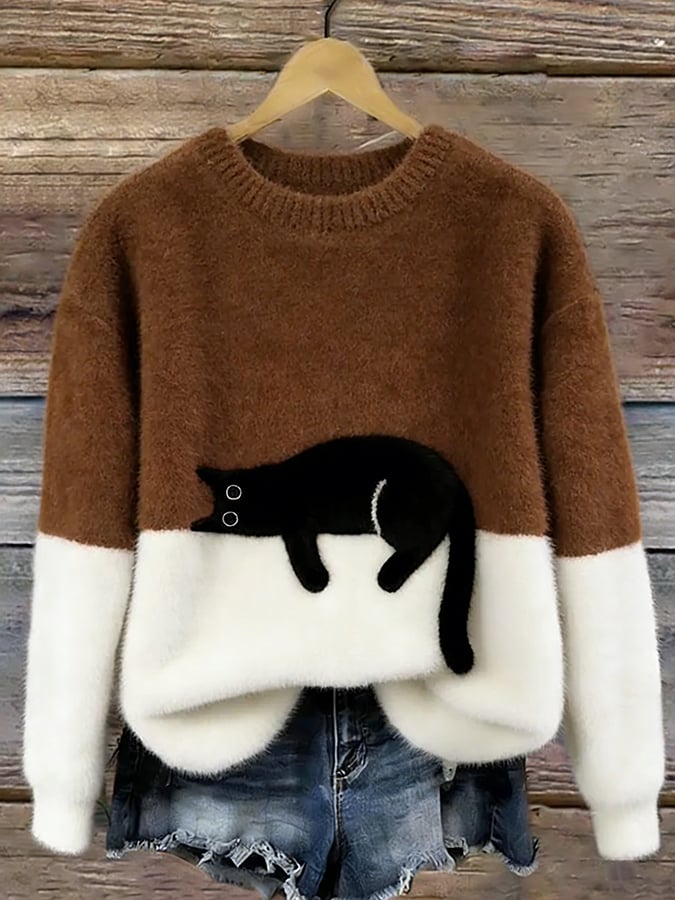 Carol | Oversized Cat Crewneck Knit Sweater