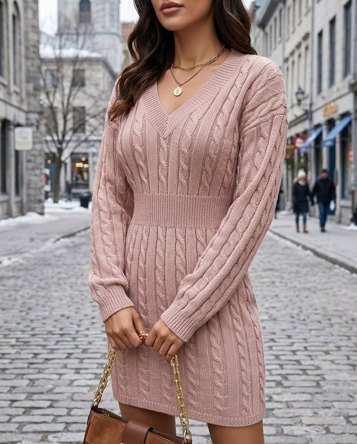 Carolyn | Classic Cable Knit V-Neck Sweater Dress