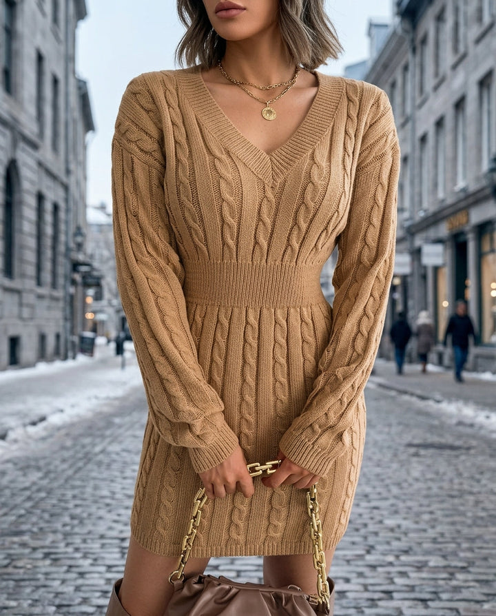 Carolyn | Classic Cable Knit V-Neck Sweater Dress