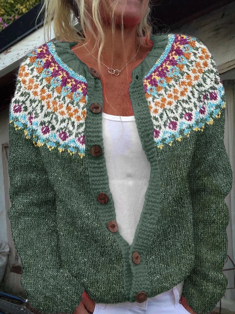 Catherine | Refined Fair Isle Button Front Cardigan Sweater