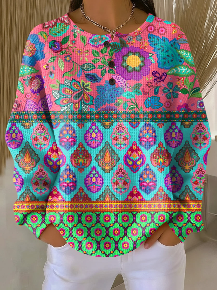 Charlotte | Floral Print Long Sleeve Henley Knit Sweater