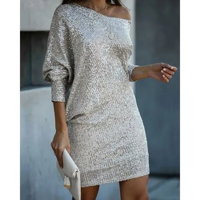 Clara | Tidløs Off-Shoulder Glimmer Kjole med Pailletter