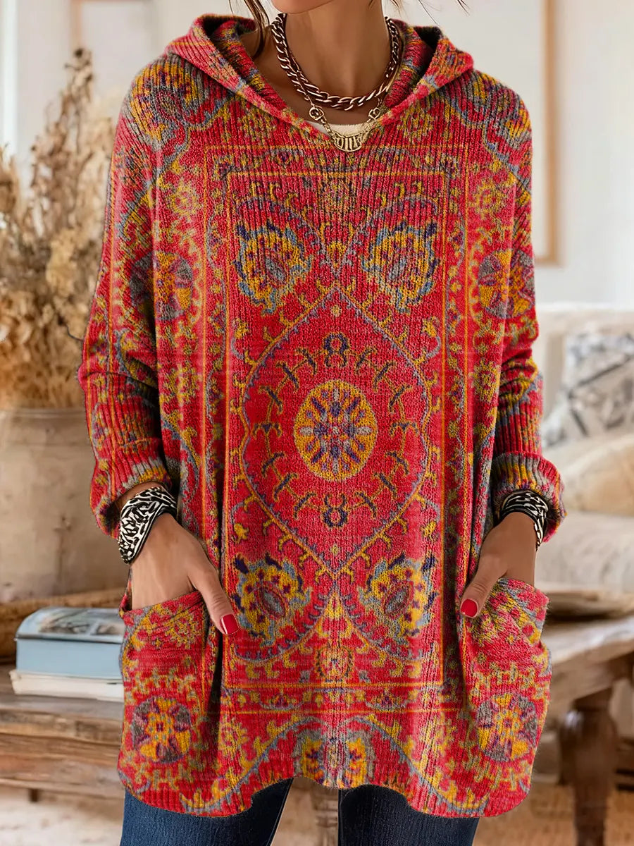 Cynthia | Oversized Medallion Print Knit Tunic Hoodie