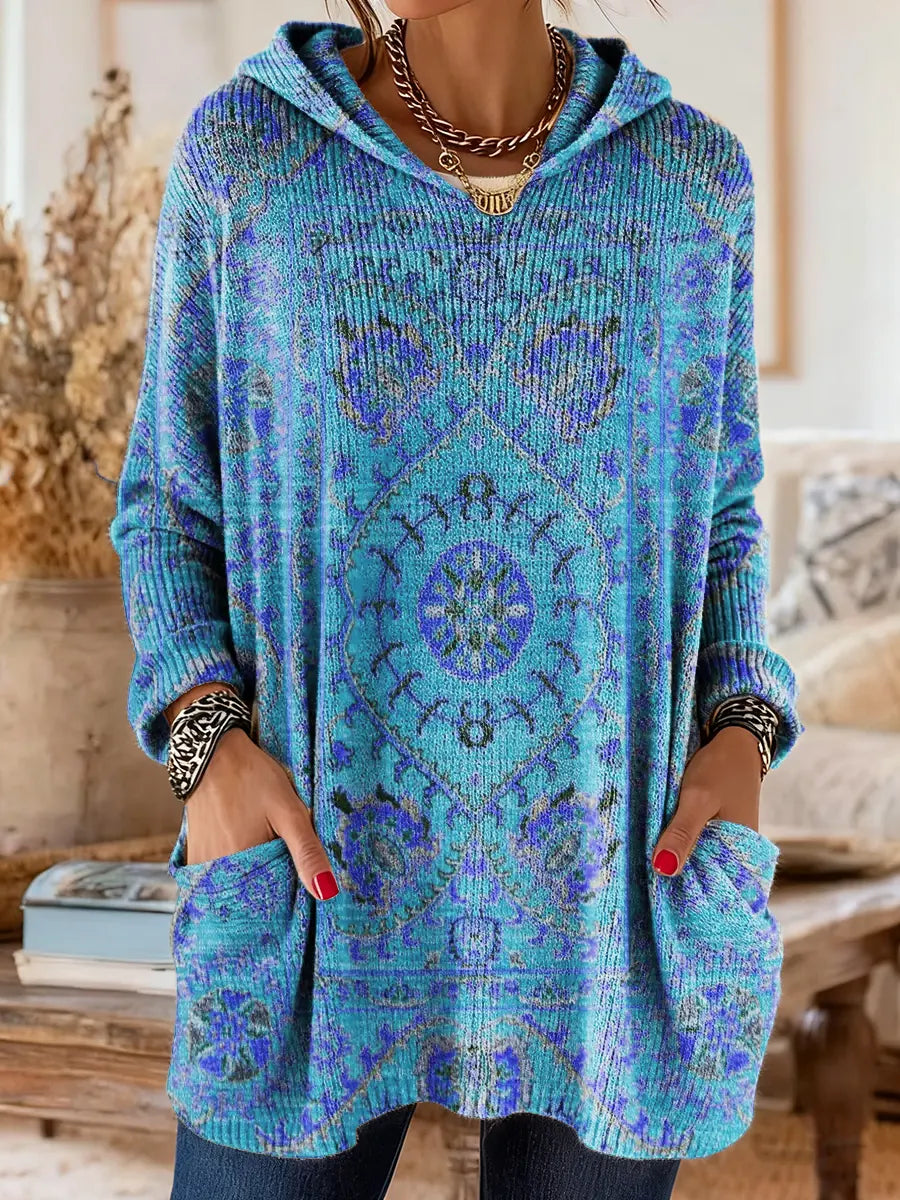 Cynthia | Oversized Medallion Print Knit Tunic Hoodie