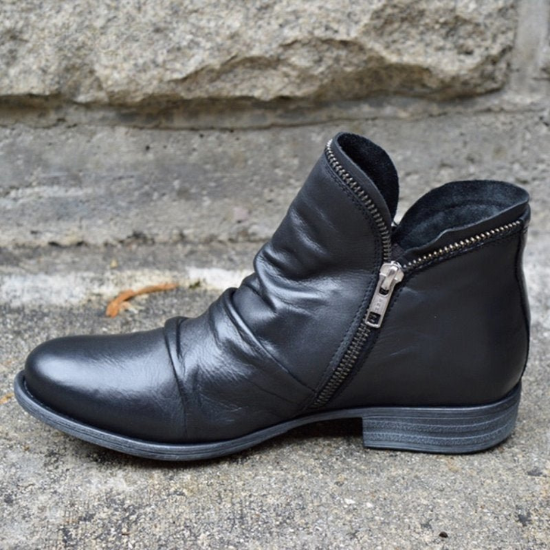 Cynthia | Polished Ruched Low Heel Ankle Boots