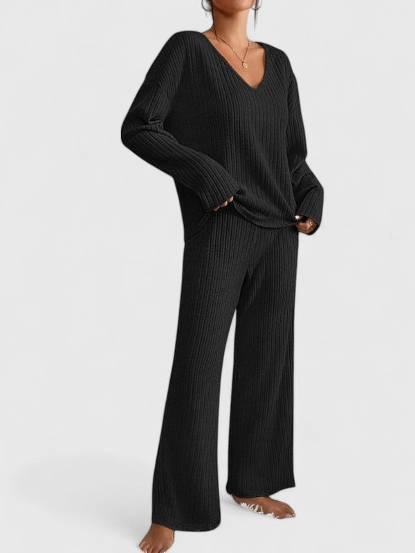 Cynthia | Stylish Ribbed V-Neck Wide Leg Lounge Set