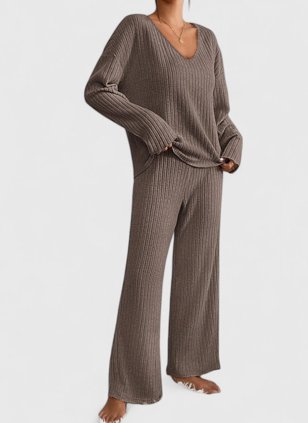 Cynthia | Stylish Ribbed V-Neck Wide Leg Lounge Set