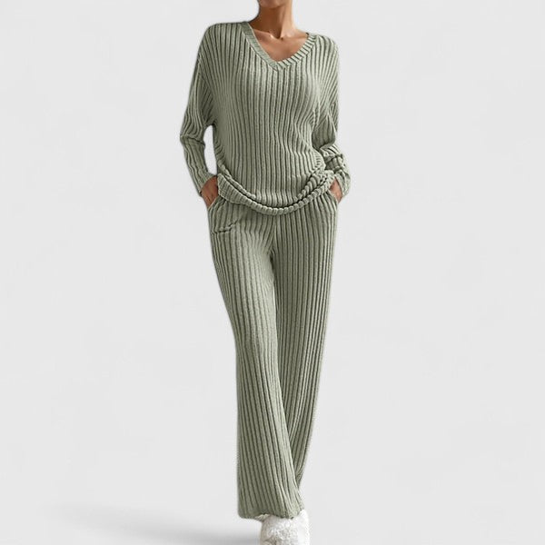 Cynthia | Stylish Ribbed V-Neck Wide Leg Lounge Set