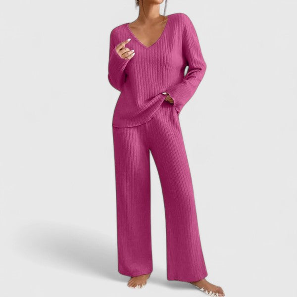 Cynthia | Stylish Ribbed V-Neck Wide Leg Lounge Set